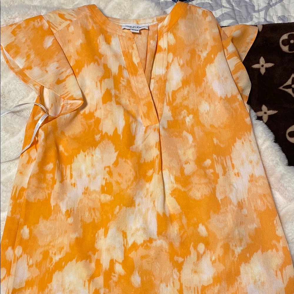 Calvin Klein Orange Relaxed Blouse with Mandarin Collar